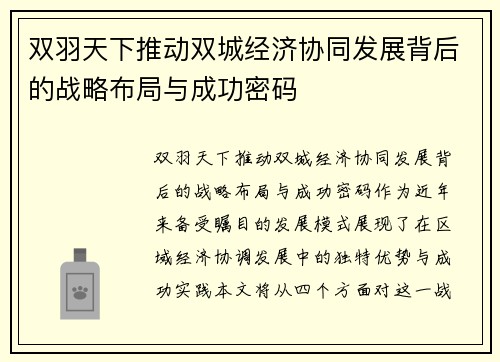 双羽天下推动双城经济协同发展背后的战略布局与成功密码