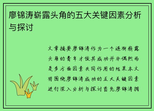 廖锦涛崭露头角的五大关键因素分析与探讨